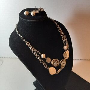 Silver tone beaded and various metal designs Necklace with (2) Earrings